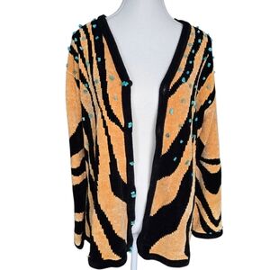 Vintage Tiger Animal Print Knit Turqouise Color Stone Accent Cardigan Medium